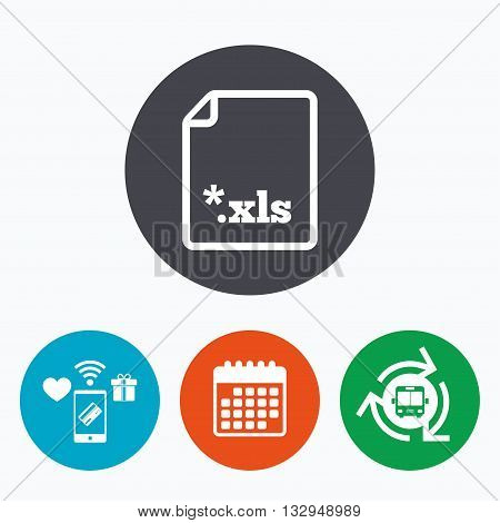 Excel file document icon. Download xls button. XLS file extension symbol. Mobile payments, calendar and wifi icons. Bus shuttle.