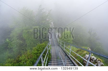 Stairs for Three Crowns hill in national park Pieniny