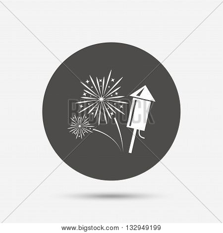 Fireworks with rocket sign icon. Explosive pyrotechnic symbol. Gray circle button with icon. Vector