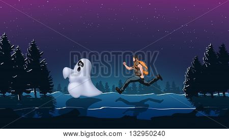 illustration of tourist run to ghost in the forest