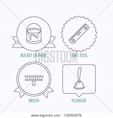 Level tool, plunger and brush tool icons. Bucket of paint linear sign. Award medal, star label and speech bubble designs. Vector