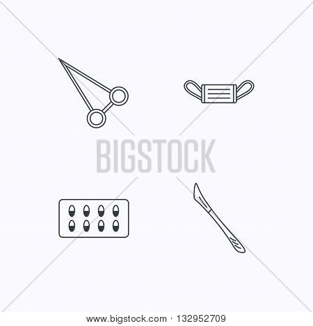 Medical mask, capsules and scalpel icons. Peans forceps linear sign. Flat linear icons on white background. Vector