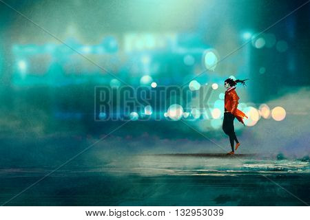 Woman walking at night in the city, gorgeous cold bokeh background, illustration