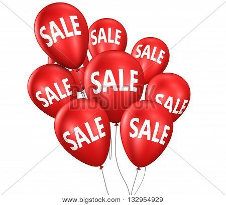 Shopping sales discount and promo with sale sign and text on red floating balloons 3D illustration isolated on white background.