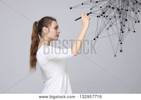 Worldwide network or wireless internet connection futuristic concept. Woman working with linked dots.