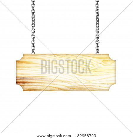 Wooden sign hanging on a chain isolated on white