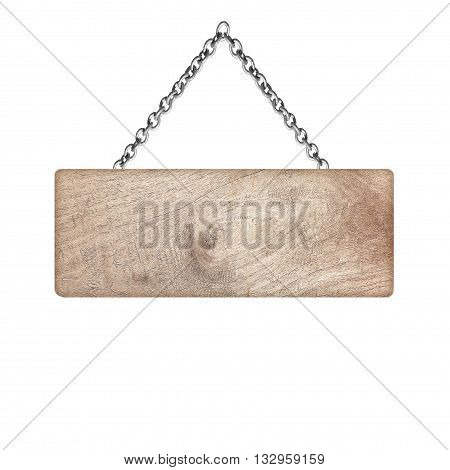 Wooden sign hanging on a chain isolated on white background