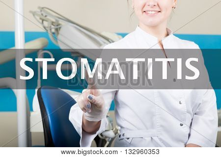 technology, internet and networking in medicine concept - medical doctor presses stomatitis button on virtual screens. Internet technologies in medicine.