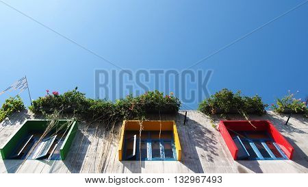Colorful building with the blue sky background