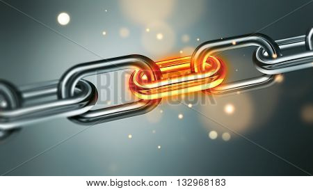 Metal chain with glowing element and sparks close-up full screen. The conflict in business concept image. Stressful situation concept image, 3D illustration
