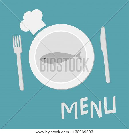 Plate with fish fork knife and chefs hat. Menu card. Restaurant food dish. Flat material design style. Blue background. Vector illustration.