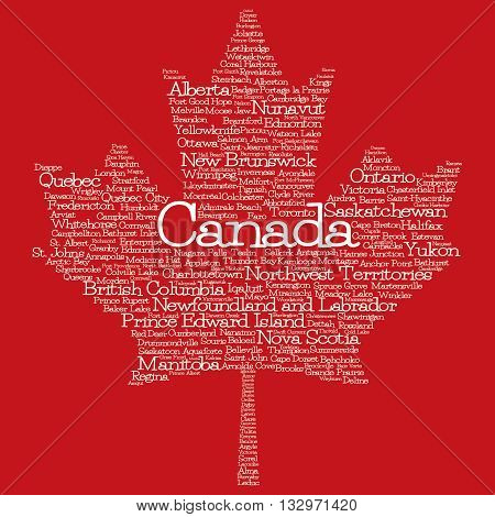 Maple Leaf Mad Of Cities And States Of Canada In Vector Format. Can You Find Your Hometown?