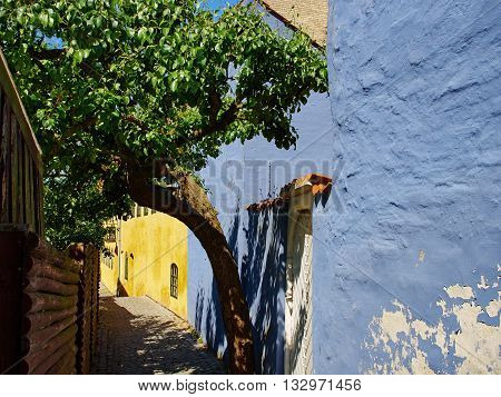Typical small beautiful street with old traditional Danish style houses Faaborg Denmark