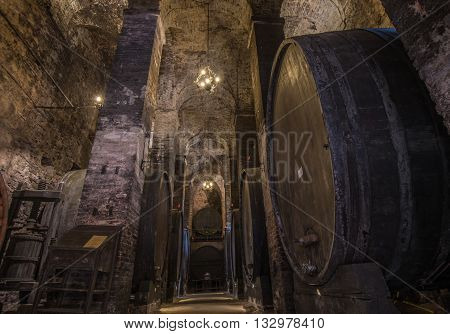 Wine barrels in a Montepulciano cellar Tuscany
