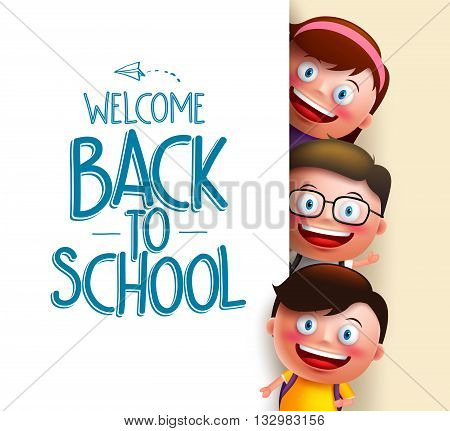 Kids student vector characters holding white board with blank space for text with welcome back to school written. Vector illustration
