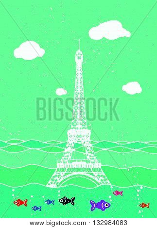 Eiffel Tower Flood. France Attraction Underwater.disaster In Paris France