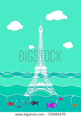 Eiffel Tower Flood. France Attraction Underwater.disaster In Paris France