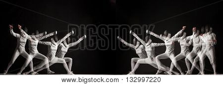 The duel of fencers on a black background. Collage of photos taken with a stroboscope