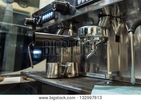 Professional coffee machine metal, brews tasty coffee