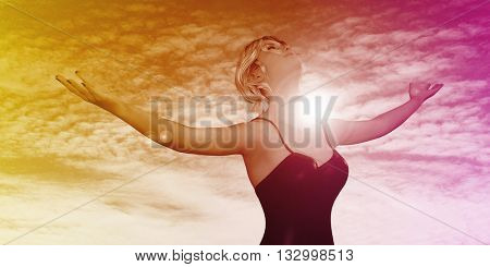 Carefree Woman Smiling in the Outdoors With Arms Stretched 3D Illustration Render