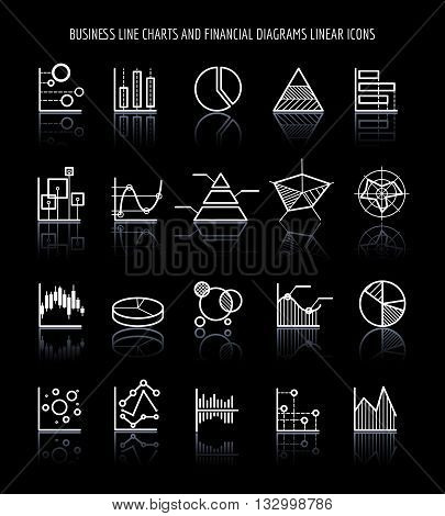Business line charts and financial diagrams linear icons. Vector illustration