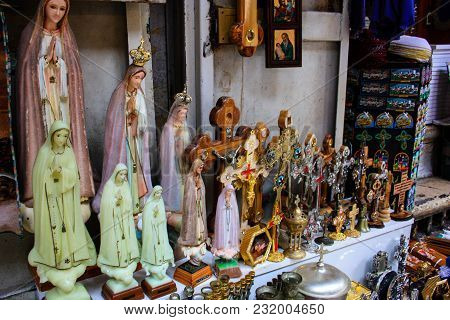 Closeup Of Handcrafted Decorative Objects Sold In A Souvenirs Shop In The Bazaar Of The Old City Of 
