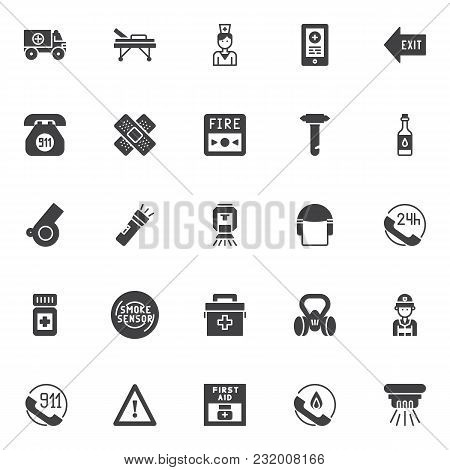 Emergencies Vector Icons Set, Modern Solid Symbol Collection, Filled Style Pictogram Pack. Signs, Lo