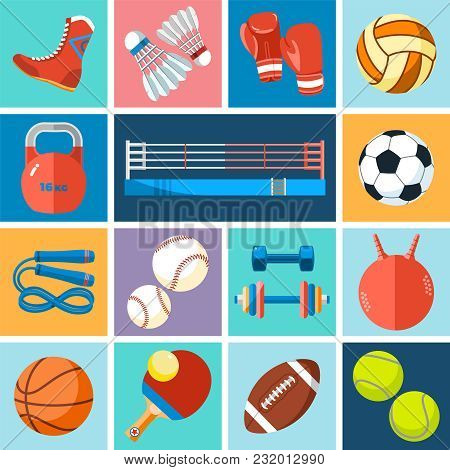 Banner Of Sport Balls And Gaming Equipment. Background For Promotional Posters, Advertising Flyers, 