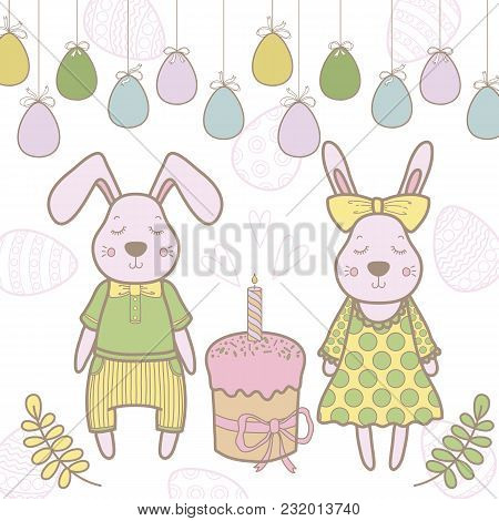 Easter Rabbit Family With Easter Egg. Vector Illustration Isolated.