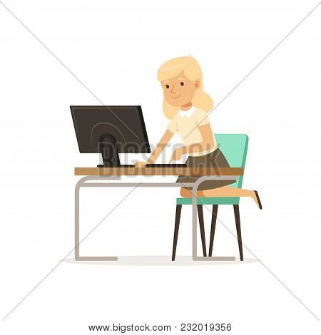 Girl Sitting At Computer, Pupil Of Elementary School At Informatics Lesson At School Vector Illustra