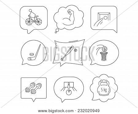 Ice Hockey, Football And Basketball Icons. Fitness Sport, Baseball And Bowling Linear Signs. Biking,