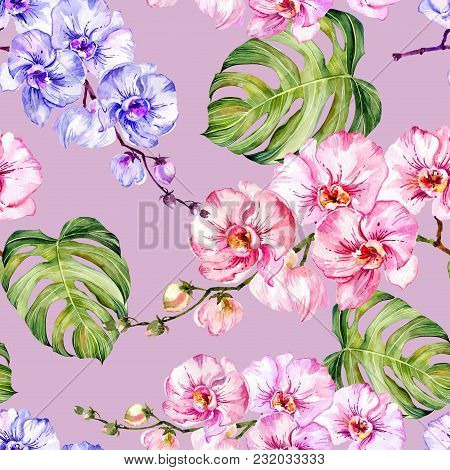 Colorful Orchid Flowers And Monstera Leaves On Light Pink Background. Seamless Tropical Pattern.  Wa