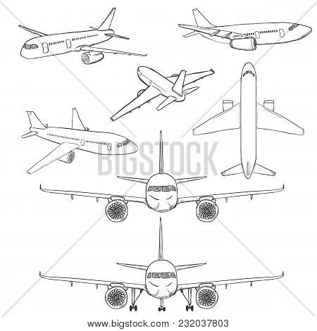 Vector Set Of Sketch Hand Drawn Airplanes.