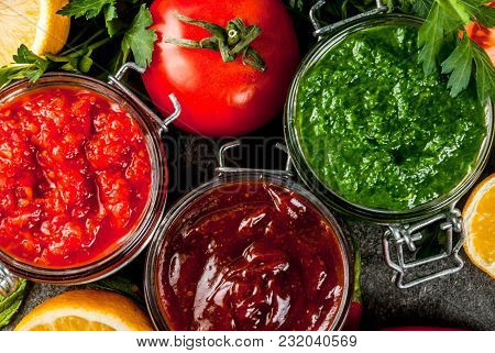 Indian Traditional Food, Set Of Three Chutney For Chaat And Sev Puri - Sweet Date-tamarind, Cilantro