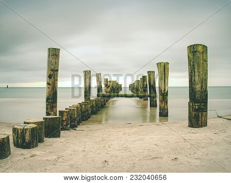 Mossy Breakwater Poles In Smooth Water Of Sea Within Windless. Sandy Beach Wit Algae, Stones And She