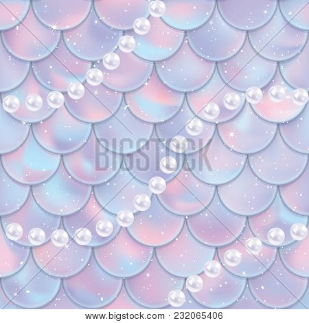 Fish Scales With Pearls Seamless Pattern. Mermaid Tail Texture. Vector Illustration. Print Design Fo
