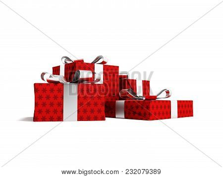 Gifts Of Four In A Red Paper Label With A Bow Gray Front From The Bottom 3d Render On A White Backgr