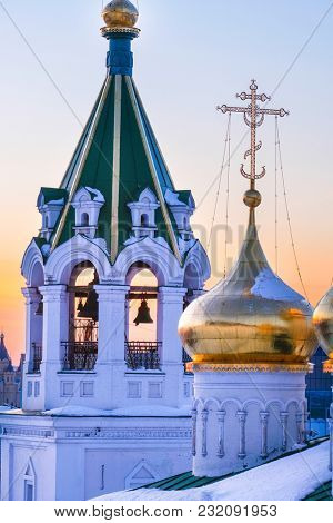 Nizhny Novgorod, Russia - March, 10, 2018: chuech in Nizhny Novgorod in winter at sunset