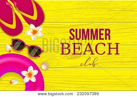 Summer Beach Club Wooden Banner. Realistic Vanilla Bud Petal, Beach Slipper Wooden Texture Banner Li