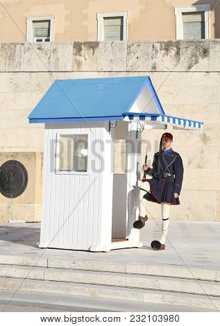 Athens Greece, December 02 2017: Greek Evzones, Greek Tsolias, Guarding The Presidential Mansion In 
