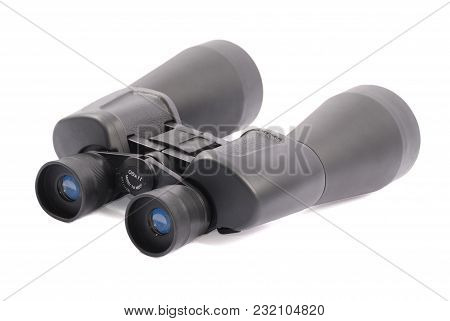 One Black Binoculars Isolated On White Background.