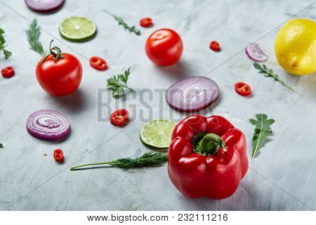 Seamless Pattern With Red Pepper, Onion, Tomatoes, Lime, Dill On White Background, Top View, Close-u