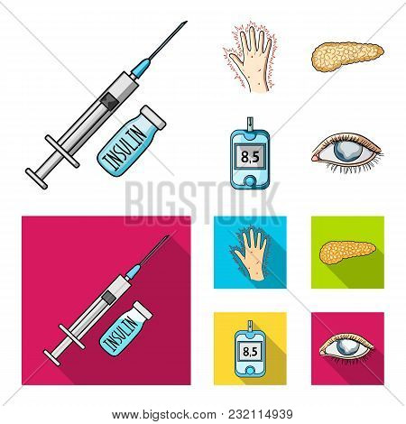 Syringe With Insulin, Pancreas, Glucometer, Hand Diabetic. Diabet Set Collection Icons In Cartoon, F