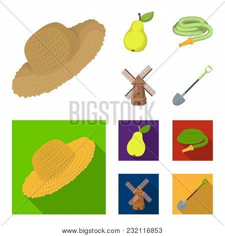 Straw Hat, Pear With Leaf, Watering Hose, Windmill. Farmer And Gardening Set Collection Icons In Car