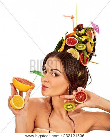 Hair and facial mask from fresh fruits for woman concept. Girl care her skin homemade by dint of organic therapy on isolated. Acceleration of hair. Spring discounts for visiting the spa salon.