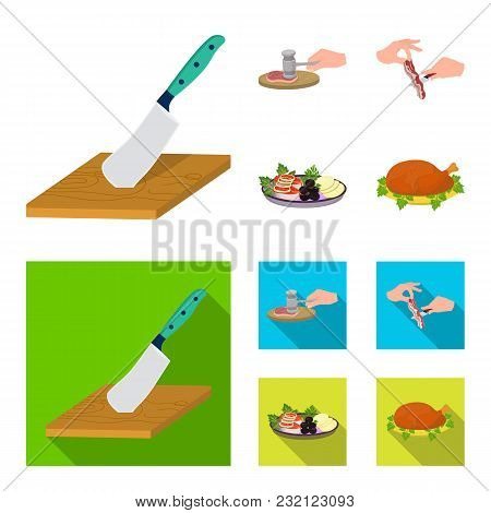 Cutlass On A Cutting Board, Hammer For Chops, Cooking Bacon, Eating Fish And Vegetables. Eating And 
