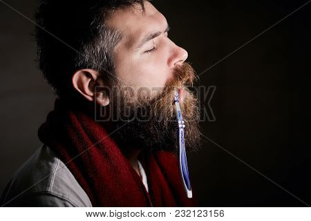 Sleepy Bearded Man Brushing Teeth With A Toothbrush In Front Of The Bathroom Mirror In Morning. Man 