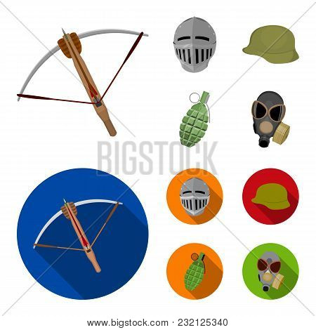 Crossbow, Medieval Helmet, Soldier Helmet, Hand Grenade. Weapons Set Collection Icons In Cartoon, Fl