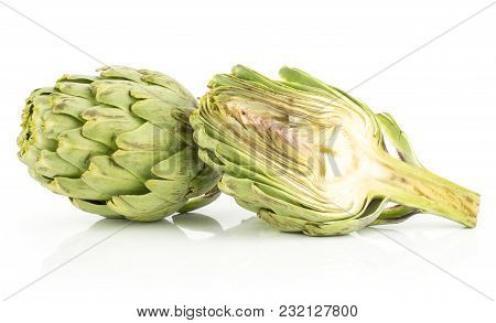 Globe Artichoke With One Section Half Isolated On White Background Fresh Cut Raw