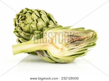 Globe Artichoke Head And One Half Isolated On White Background Fresh Cut Raw